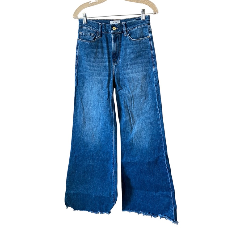 Frame ‘Le Palazzo’ Denim Blue Flare Wide Leg Jeans with Raw Hem